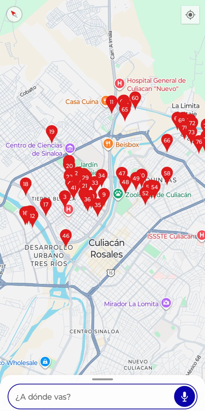 Mapa de la ruta con los clientes numerados en la app Tenet